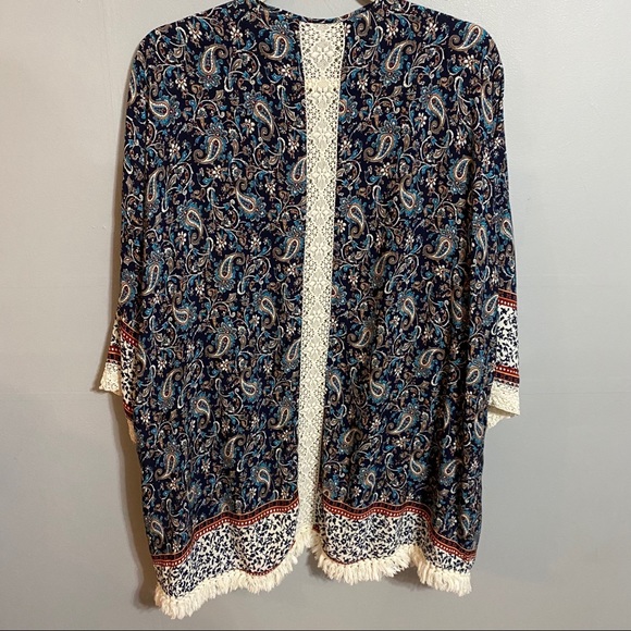 Navy Paisley Fringe Hem Boho Kimono - Picture 6 of 7